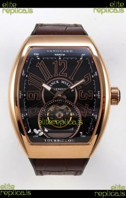Franck Muller V45 Tourbillon Rose Gold Black Dial Black Leather Super Clone Watch 