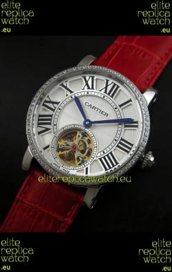 Cartier Ronde de Tourbillon Japanese Replica Diamond Watch in Red Strap