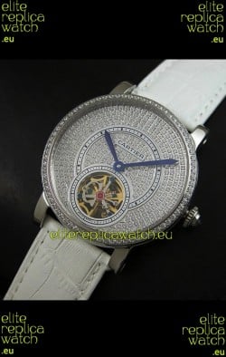 Cartier Ronde de Tourbillon Japanese Replica Diamond Watch in White Strap