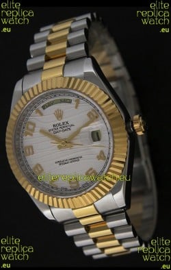 Rolex Day Date Just swiss Replica Two Tone Gold Watch in White Stripe Pattern Dial