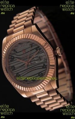 Rolex Oyster Perpetual Day Date Swiss Replica Pink Gold Watch in Waves Pattern Dial