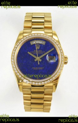 Rolex Day Date Yellow Gold Blue Lapis Dial Diamonds Bezel 36MM Swiss Replica