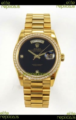Rolex Day Date Yellow Gold Black Dial Diamonds Bezel 36MM Swiss Replica