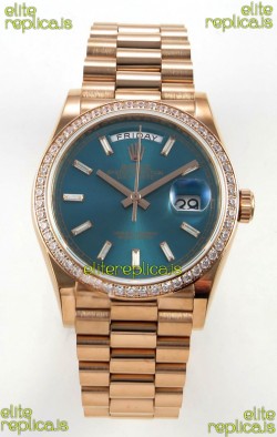 Rolex Day Date 128345 Rose Gold Green Crystal Dial Diamonds Bezel Super Clone Watch 
