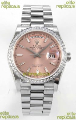 Rolex Day Date 128349 Stainless Steel Pink Crystal Dial Super Clone Watch 