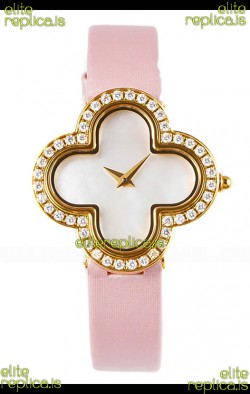 Van Cleef & Arpels Alhambra Yellow Gold Diamonds Bezel Pink Strap Watch 