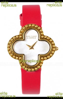 Van Cleef & Arpels Alhambra Yellow Gold Red Strap Watch 