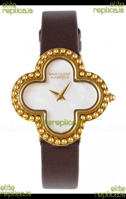 Van Cleef & Arpels Alhambra Yellow Gold Brown Strap Watch 
