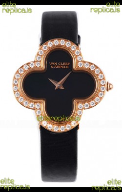Van Cleef & Arpels Alhambra Rose Gold Diamonds Bezel Black Strap Watch 