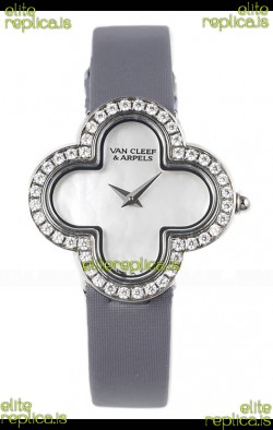 Van Cleef & Arpels Alhambra Stainless Steel Diamonds Bezel Grey Strap Watch 
